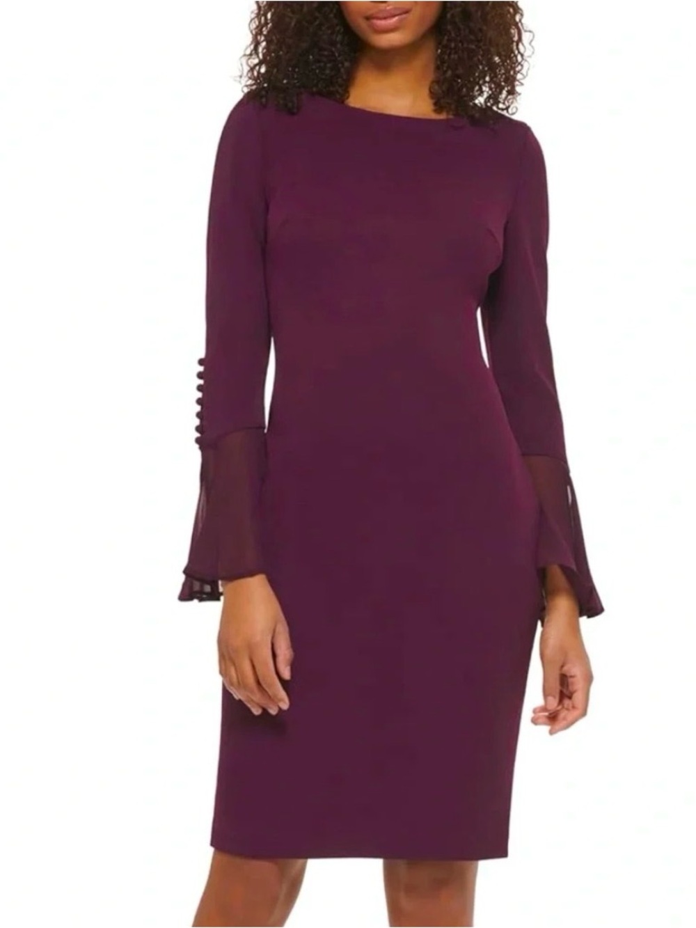 Calvin Klein Chiffon Bell-Sleeve Sheath Dress in a plum aubergine color boatneck